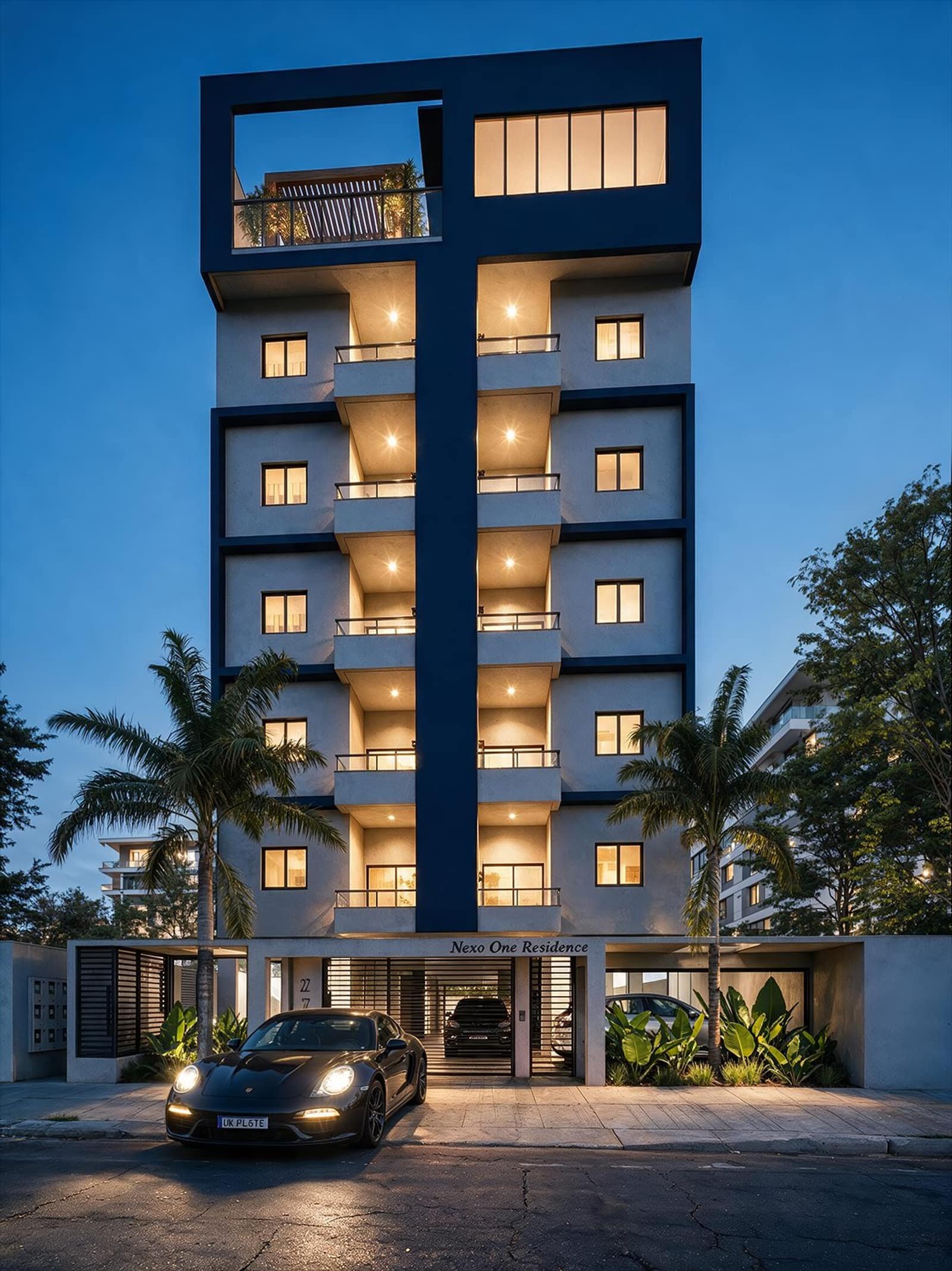 Fachada do Nexo One Residence à noite